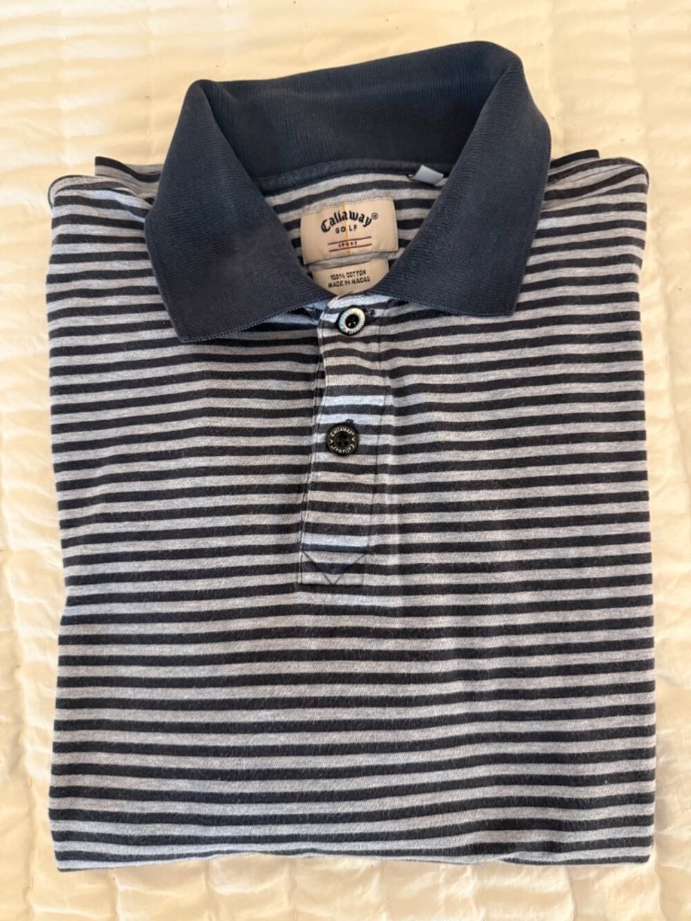 Callaway Golf Sport Men’s Medium Navy Gray Striped Cotton Polo Shirt